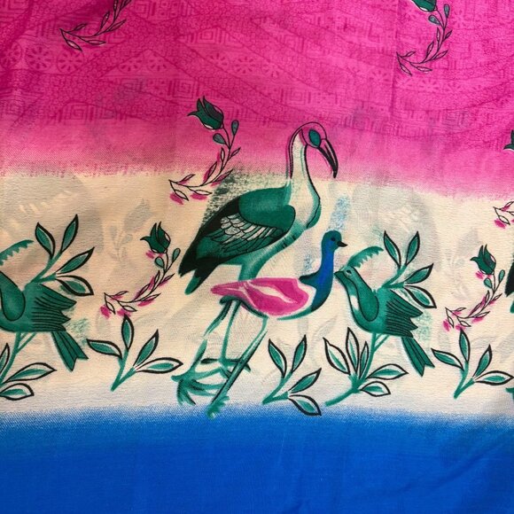 Pink Silk Wide-Leg Jumpsuit Birds Strappy One Size Boho Flowy Statement Twee - Picture 2 of 9